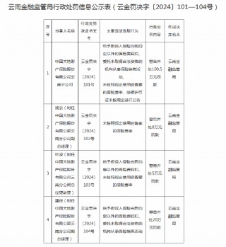 多项违规！大地财险云南分公司被罚100.5万元，三名高管收罚单