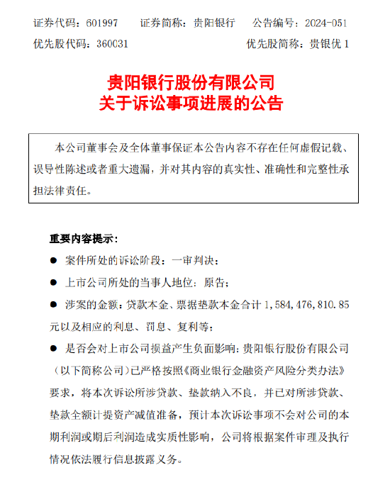 贵阳银行：诉讼事项一审判决 被告需支付15.84亿元本金及利息  第1张