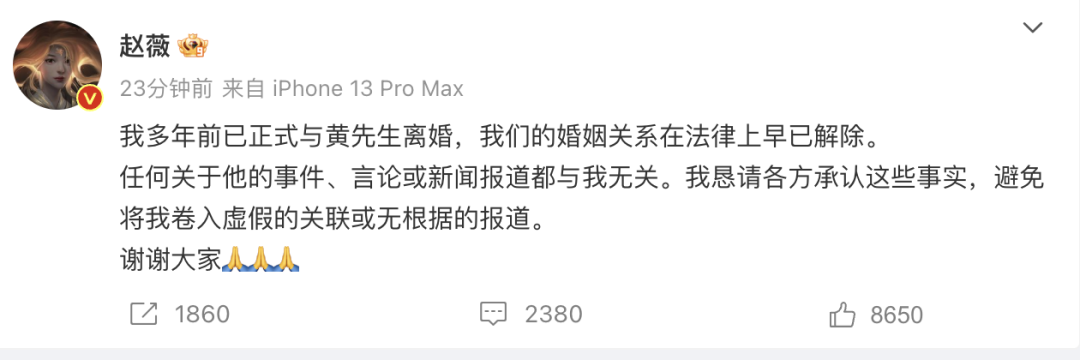 赵薇宣布:多年前已离婚!黄有龙再传债务风波 第1张 赵薇宣布:多年前已离婚!黄有龙再传债务风波 第1张