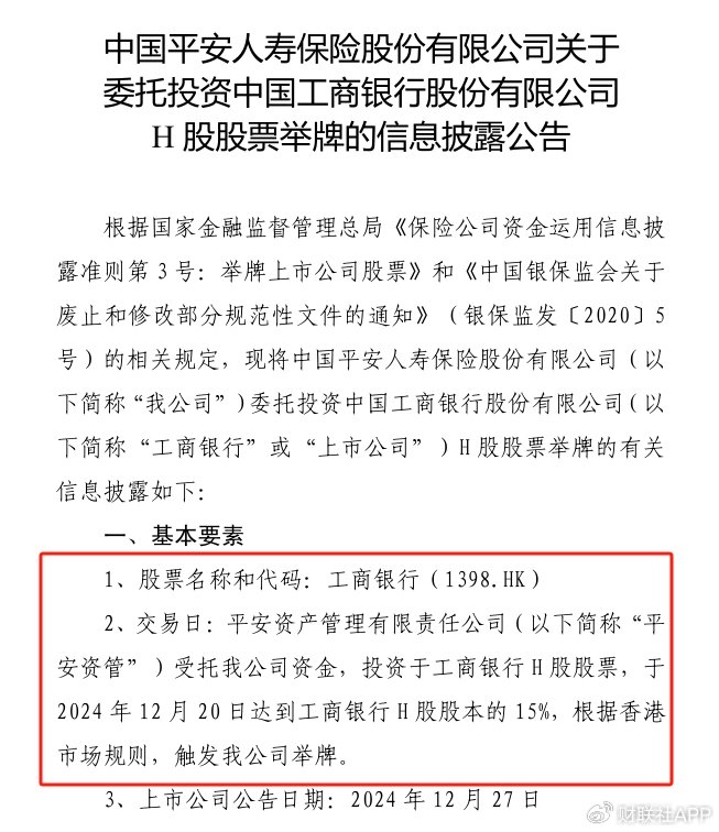 险资仍在“囤”银行！2024最后一天平安人寿举牌工商银行H股  第1张